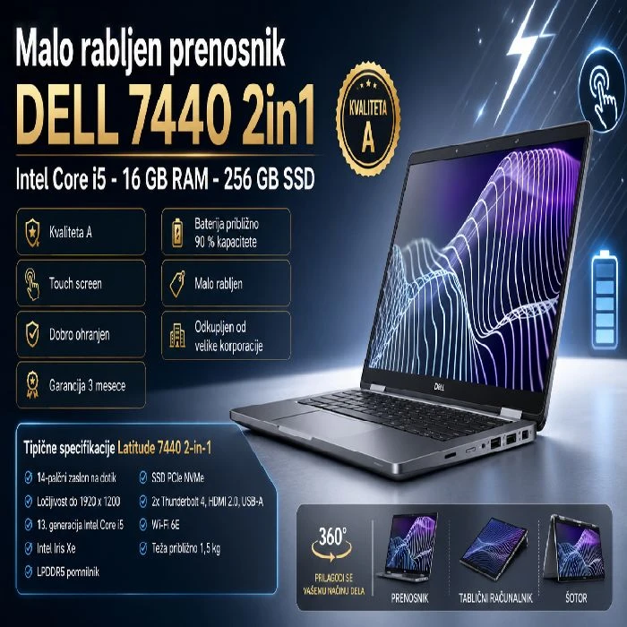 Malo rabljen prenosnik DELL 7440 2in1, I5 15GB, 256GB SSD